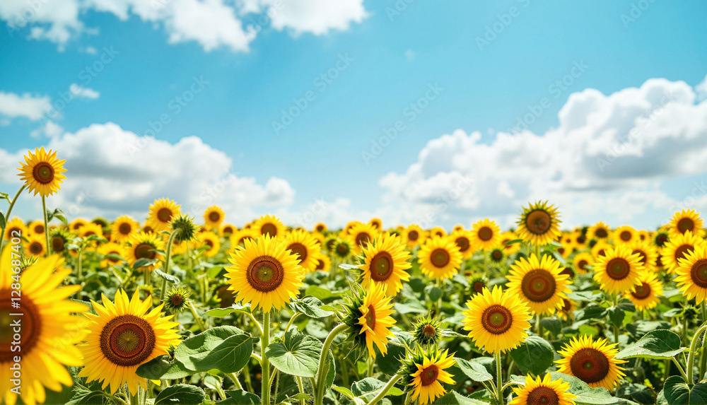 Obraz premium Sunflower field under bright blue sky