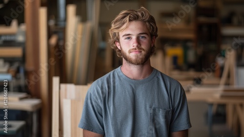 A young Australian male carpenter stands proudly in his workshop, showcasing his craftsmanship and dedication to the trade surrounded by wood and tools.