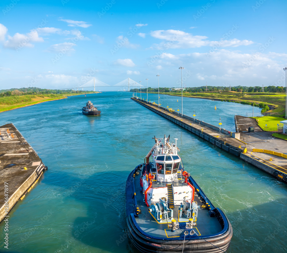 Naklejka premium Atlantic Ocean entrance to the Panama canal through the new (wider) locks at Agua Clara, near Colon, Panama