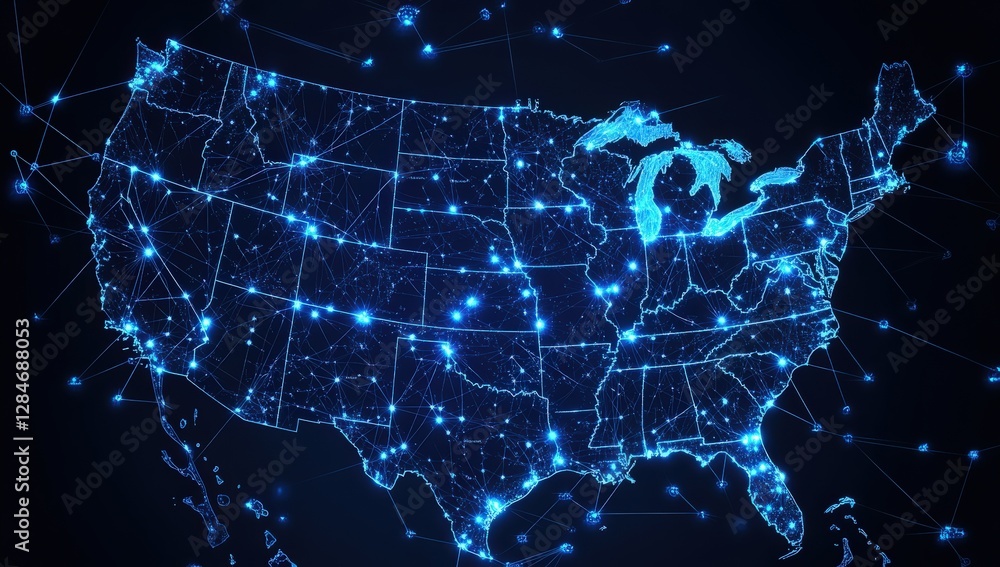 A mesmerizing digital rendering of the United States, showcasing its interconnectedness through glowing nodes and lines. The map is rendered in shades of electric blue against a dark background. A mesmerizing digital rendering of the United States, showcasing its interconnectedness through glowing nodes and lines. The map is rendered in shades of electric blue against a dark background.