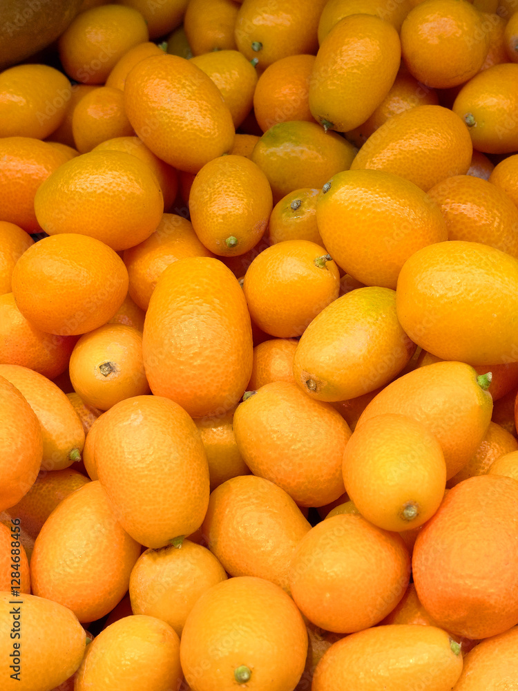 Fresh kumquats displayed at a vibrant market during sunny harvest season Fresh kumquats displayed at a vibrant market during sunny harvest season