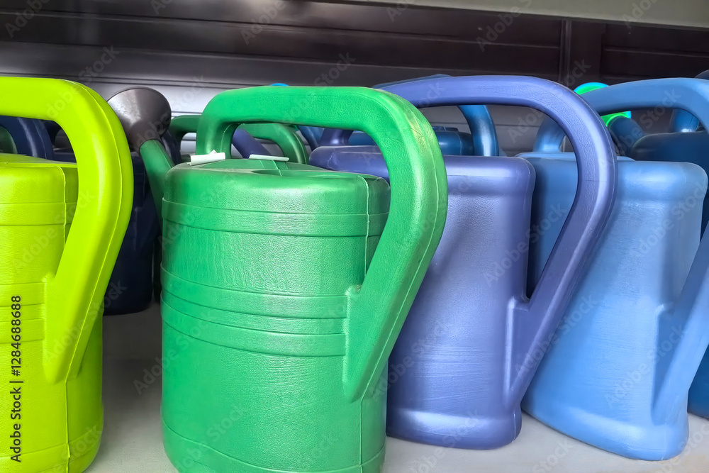 Colorful watering cans arranged neatly on a shelf in a garden store Colorful watering cans arranged neatly on a shelf in a garden store