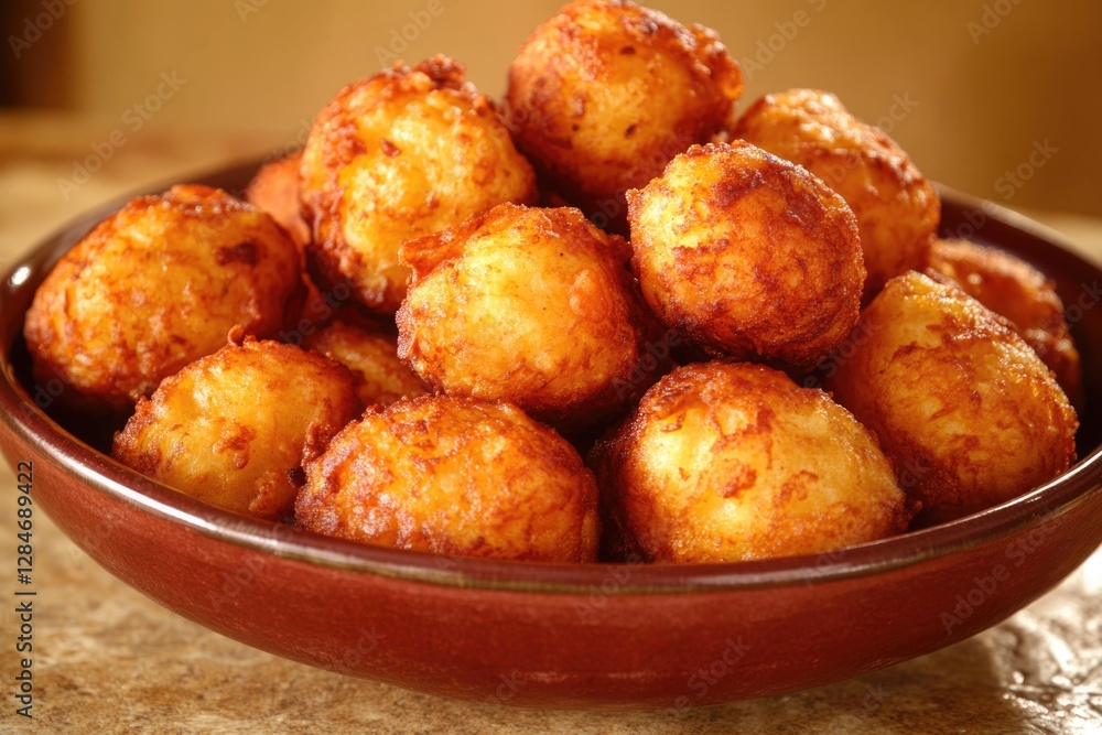 Golden-Brown Potato Balls in a Rustic Bowl: A Close-Up of Crispy, Delicious Fried Potatoes Golden-Brown Potato Balls in a Rustic Bowl: A Close-Up of Crispy, Delicious Fried Potatoes