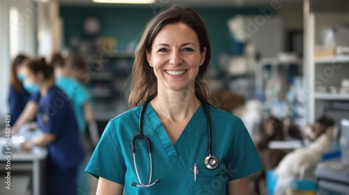A European female veterinarian stands confidently in a busy clinic, showcasing compassion and professionalism while caring for animals.