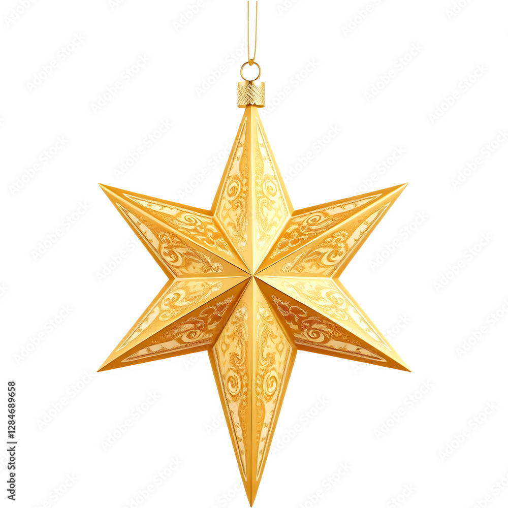 A golden, eight-pointed star ornament featuring intricate designs, ideal for holiday decorations. A golden, eight-pointed star ornament featuring intricate designs, ideal for holiday decorations.