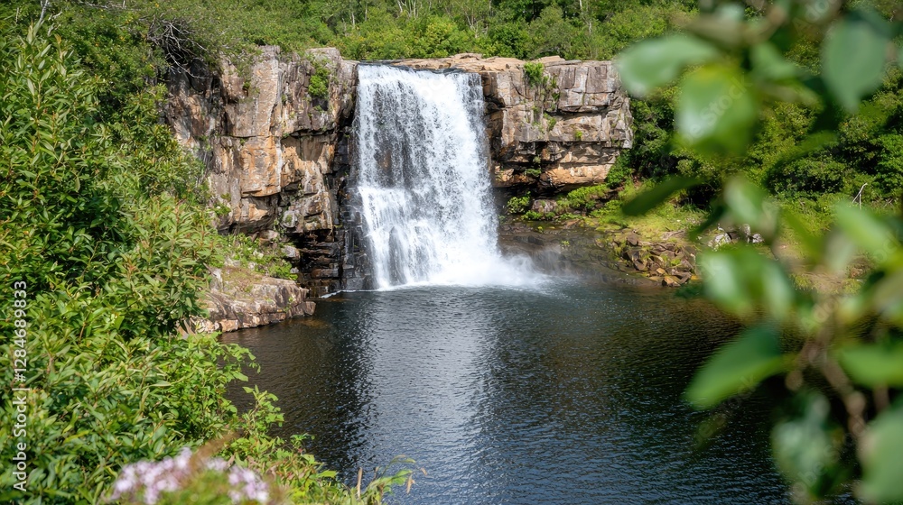 Obraz premium Waterfall cascading into pool, lush forest backdrop. Possible use Nature background