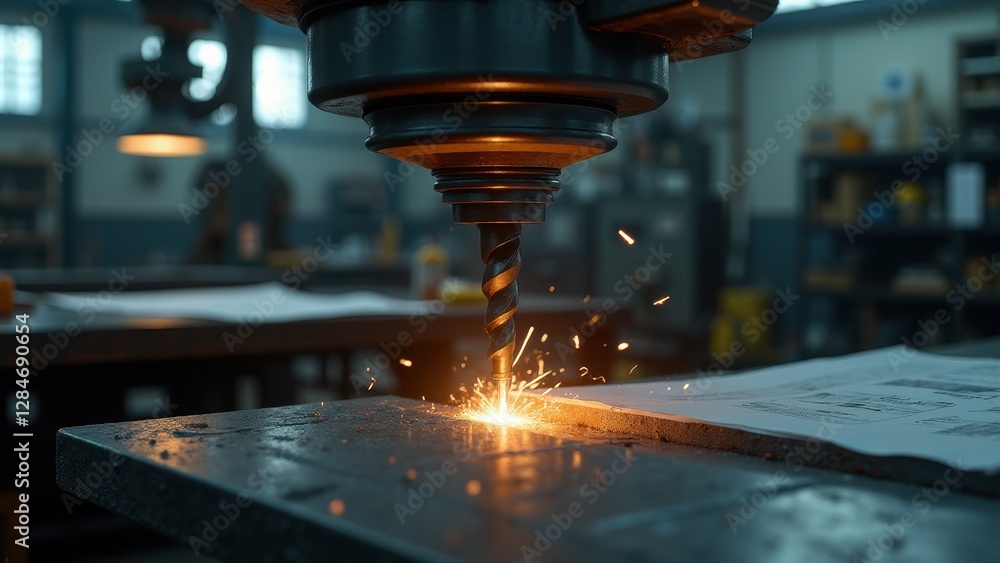 Drill and Tap, Close-up front view of a drill bit cutting metal in a workshop hyper-realistic textures 8K UHD HDR. Drill and Tap, Close-up front view of a drill bit cutting metal in a workshop hyper-realistic textures 8K UHD HDR.