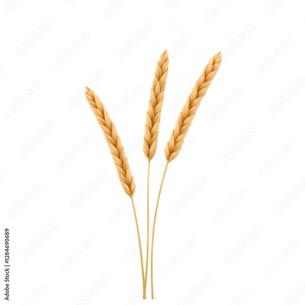 Three golden wheat stalks, elegantly arranged, showcasing their intricate braids and delicate grains. Three golden wheat stalks, elegantly arranged, showcasing their intricate braids and delicate grains.