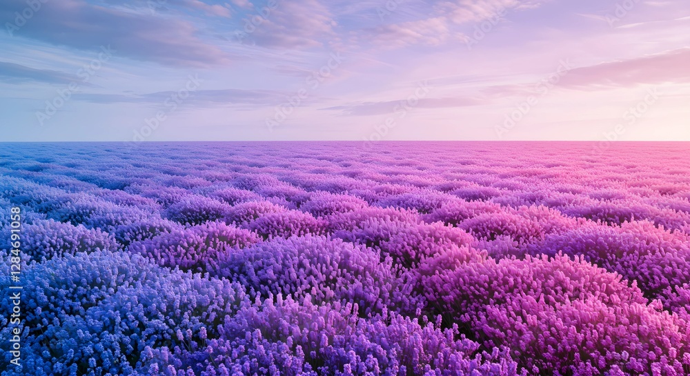 Fototapeta premium A Serene Lavender Field at Sunrise with Golden Light Casting a Warm Glow Over the Scenic Landscape