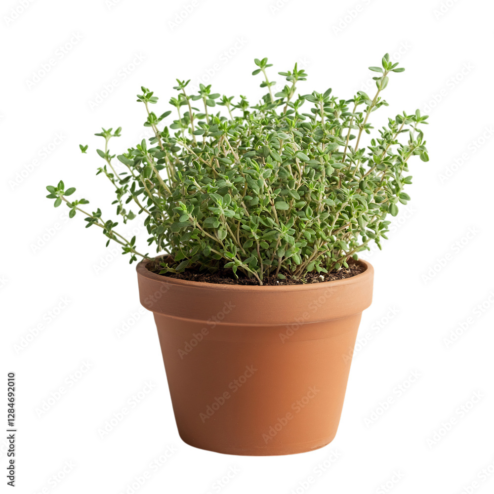 A Small Potted Thyme Plant with Aromatic Green Leaves Isolated on Transparent Background A Small Potted Thyme Plant with Aromatic Green Leaves Isolated on Transparent Background