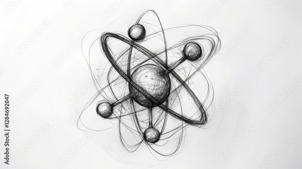 Hand-drawn pencil sketch of a classic Bohr model atom, featuring a nucleus with orbiting electrons. A scientific and vintage-style representation of atomic structure. Hand-drawn pencil sketch of a classic Bohr model atom, featuring a nucleus with orbiting electrons. A scientific and vintage-style representation of atomic structure.