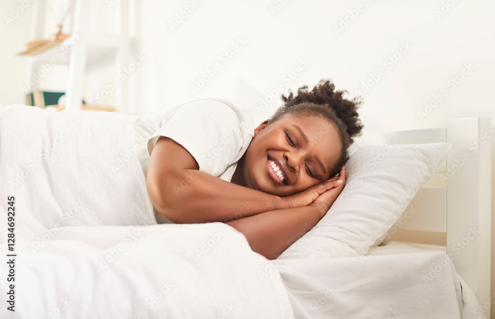African American woman sleeping in comfortable bed at home, smiling as she enjoys a peaceful morning. Relaxation, rejuvenation, and the simple enjoyment of a restful nap in bedroom. African American woman sleeping in comfortable bed at home, smiling as she enjoys a peaceful morning. Relaxation, rejuvenation, and the simple enjoyment of a restful nap in bedroom.
