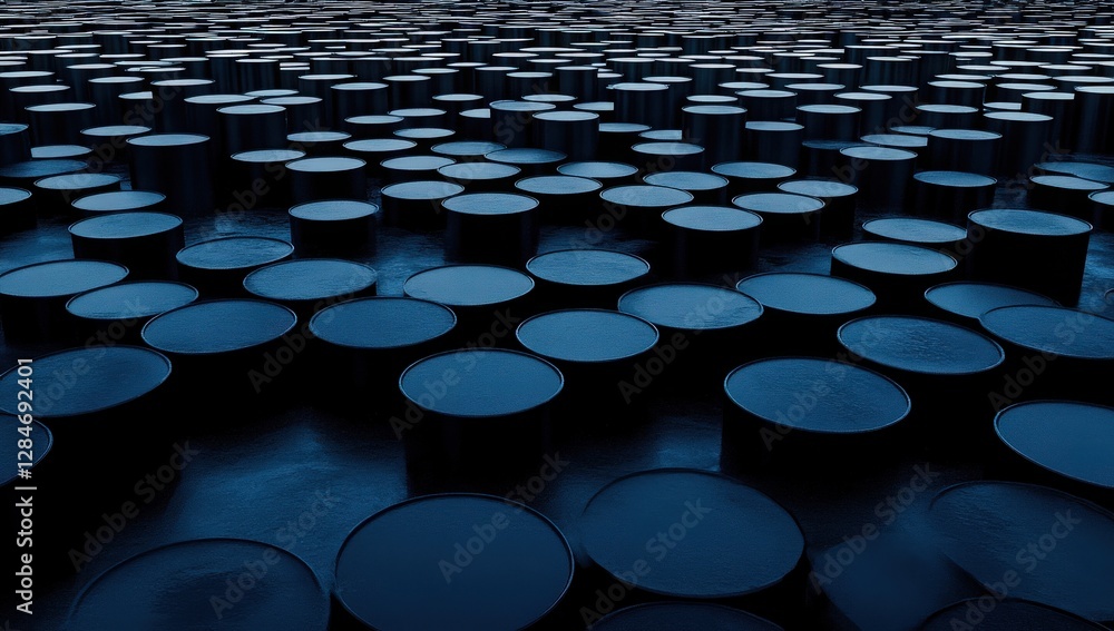 Fototapeta premium Abstract image of numerous dark blue barrels arranged in a repeating pattern. The color palette and arrangement create a sense of depth and mystery.