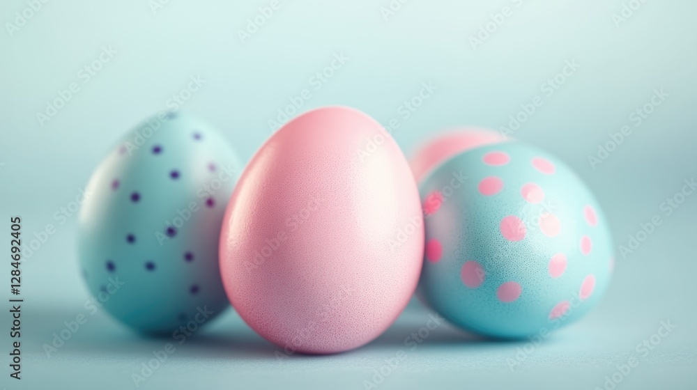 A trio of colorful, candy coated Easter eggs with pastel polka dots. A trio of colorful, candy coated Easter eggs with pastel polka dots.
