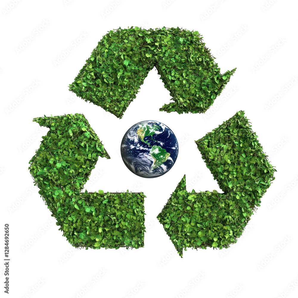 Isolated Recycle Symbol with Green Leaves and Earth Center Isolated Recycle Symbol with Green Leaves and Earth Center