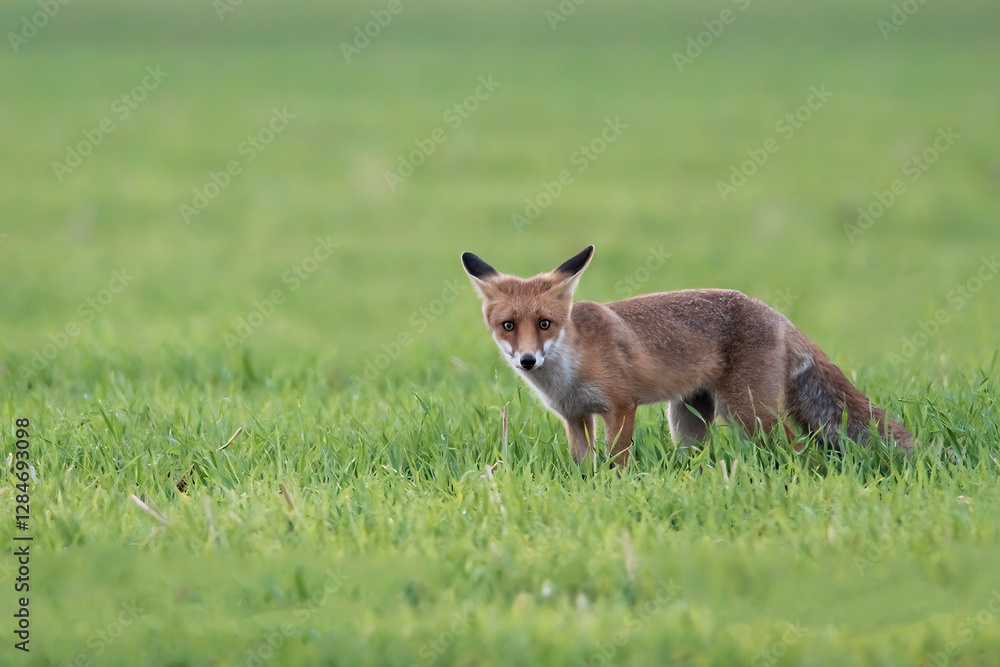 Ein Rotfuchs auf Nahrungssuche auf einem Feld