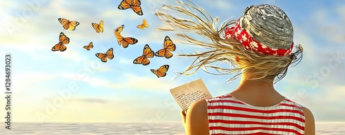 Surreal Art, A surreal desert scene of a woman holding a Letter dissolving into butterflies, symbolizing unsent words dissolving into time