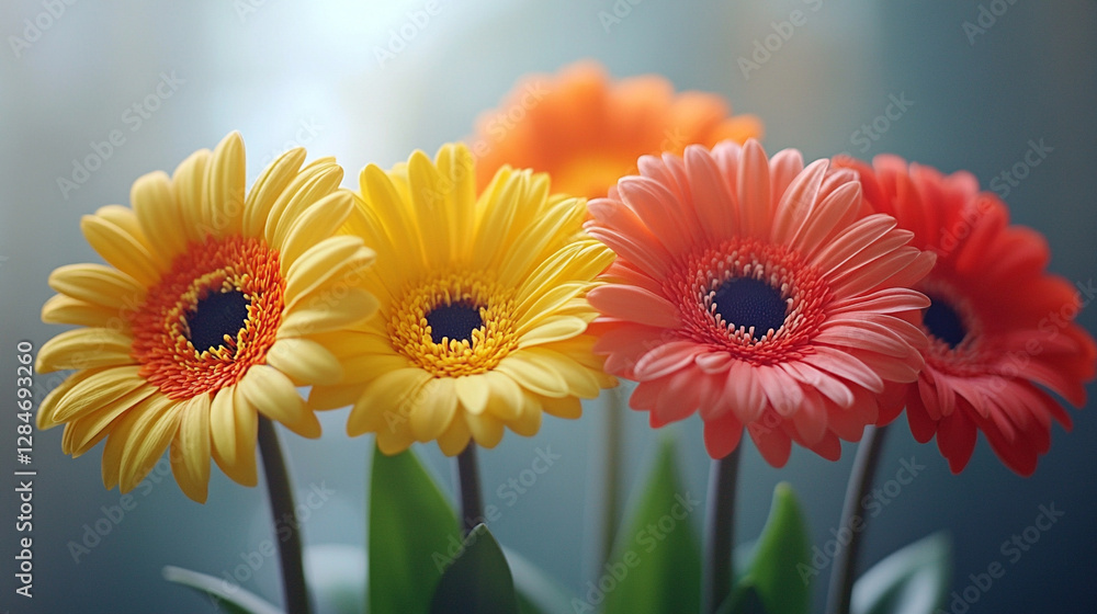 A close-up of a colorful flower arrangement symbolizing harmony, beauty, and freshness, arranged thoughtfully against a modern background A close-up of a colorful flower arrangement symbolizing harmony, beauty, and freshness, arranged thoughtfully against a modern background