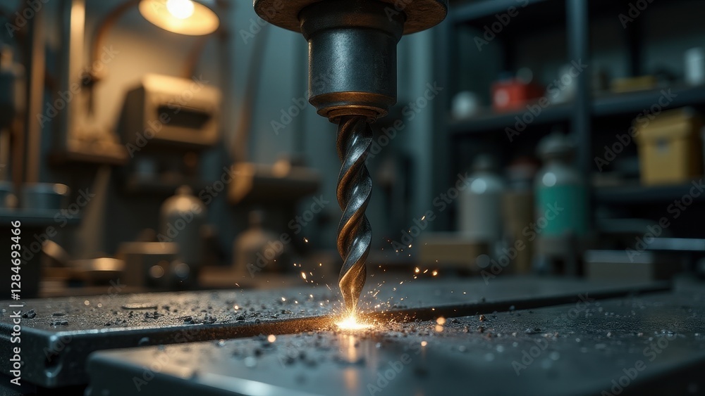 Drill and tap, Close-up of a drill bit piercing metal under workshop lights front view industrial workspace intense focus. Drill and tap, Close-up of a drill bit piercing metal under workshop lights front view industrial workspace intense focus.