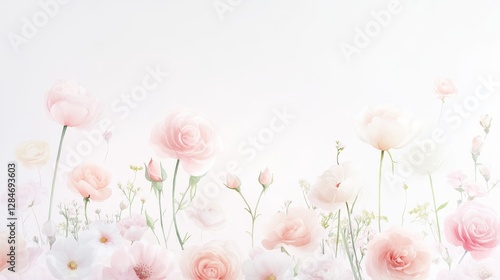 Soft pink and white wild roses bloom serenely, capturing the essence of romance in a delicate watercolor illustration