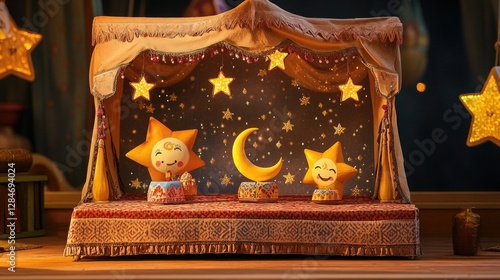 Obraz na płótnie A fun Ramadan-themed puppet show backdrop featuring hand-painted star and crescent characters on a mini puppet stage w salonie