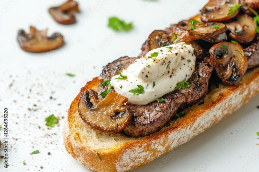 Delicious open-faced steak sandwich topped with creamy sauce and sautéed mushrooms, garnished with herbs on crispy bread. Delicious open-faced steak sandwich topped with creamy sauce and sautéed mushrooms, garnished with herbs on crispy bread.
