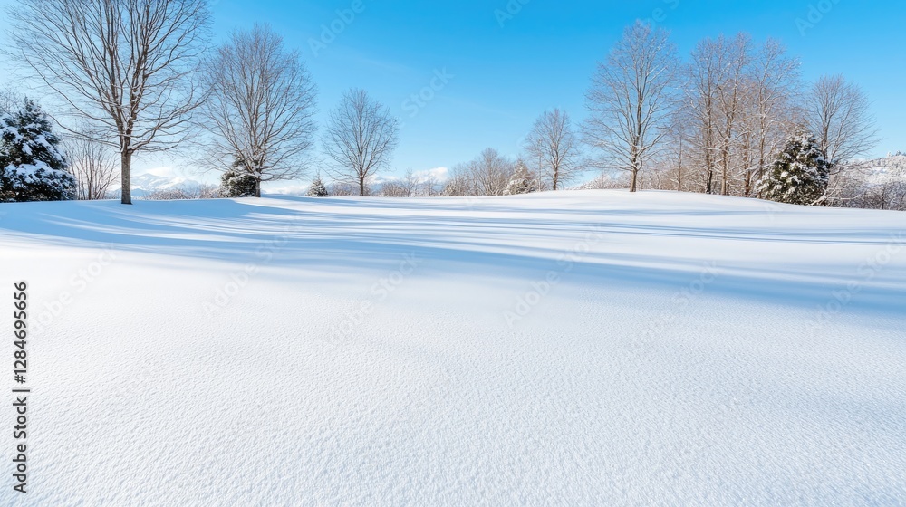 Obraz premium Snowy field, winter trees, sunny day, mountains background, winter landscape