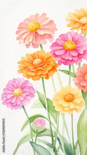 Brightly colored zinnias in cheerful pink, orange, and yellow hues bring joy and vibrancy to any botanical illustration