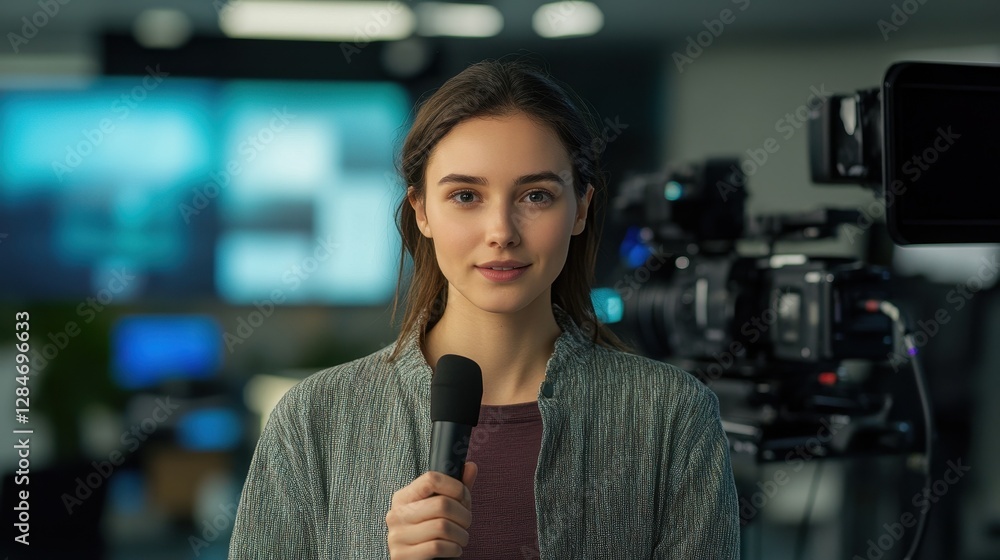 A young female journalist stands confidently in a media studio, holding a microphone. Surrounded by cameras and technology, she prepares to deliver news updates in a professional environment. A young female journalist stands confidently in a media studio, holding a microphone. Surrounded by cameras and technology, she prepares to deliver news updates in a professional environment.
