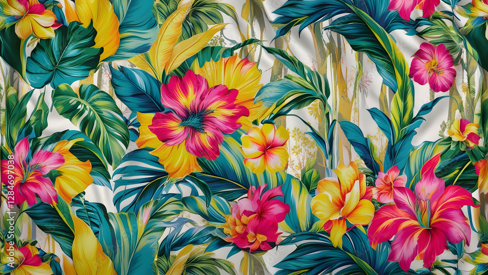 Vibrant and intricate seamless floral background featuring a beautiful, artistic, and bright tropical pattern reminiscent of an exotic forest, with colorful fabric flowers in varying shapes and sizes Vibrant and intricate seamless floral background featuring a beautiful, artistic, and bright tropical pattern reminiscent of an exotic forest, with colorful fabric flowers in varying shapes and sizes