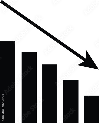Business loss graph icon, downfall graph icon, business graph with arrow, bar graph icon with arrow