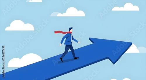 A determined figure walks upward on a blue arrow against a sky filled with clouds, symbolizing progress and ambition.