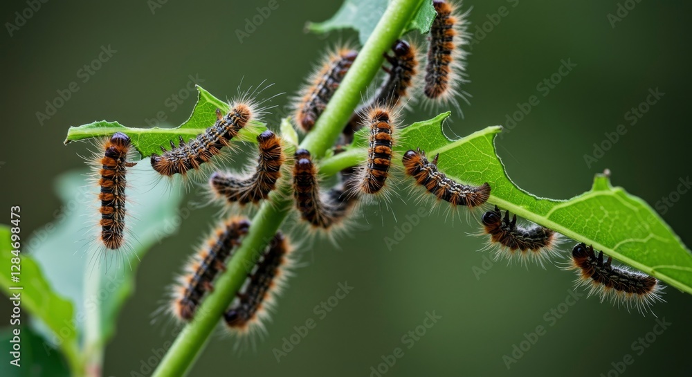 Caterpillars Eating Green Leaves in Close-up Macro View on Branch Caterpillars Eating Green Leaves in Close-up Macro View on Branch