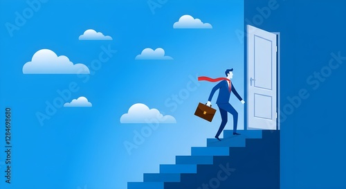 A businessman ascends stairs towards an open door, symbolizing opportunity and ambition against a blue sky with clouds.