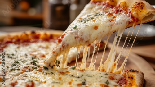 Pizza slice with melted cheese, restaurant setting photo