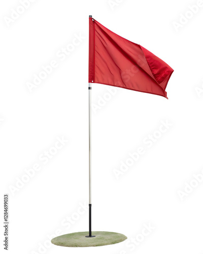 Red flag on a silver pole, standing on a small patch of grass, on a transparent background.