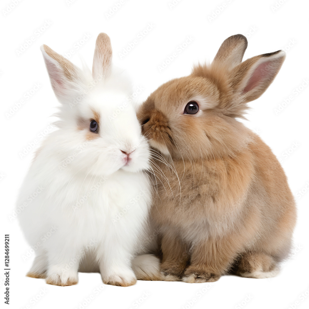 Two adorable rabbits, one white and one brown, sitting together on a transparent background. Two adorable rabbits, one white and one brown, sitting together on a transparent background.