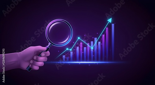 A hand holds a magnifying glass over a glowing, upward-trending graph, symbolizing analysis and data growth in a digital environment.