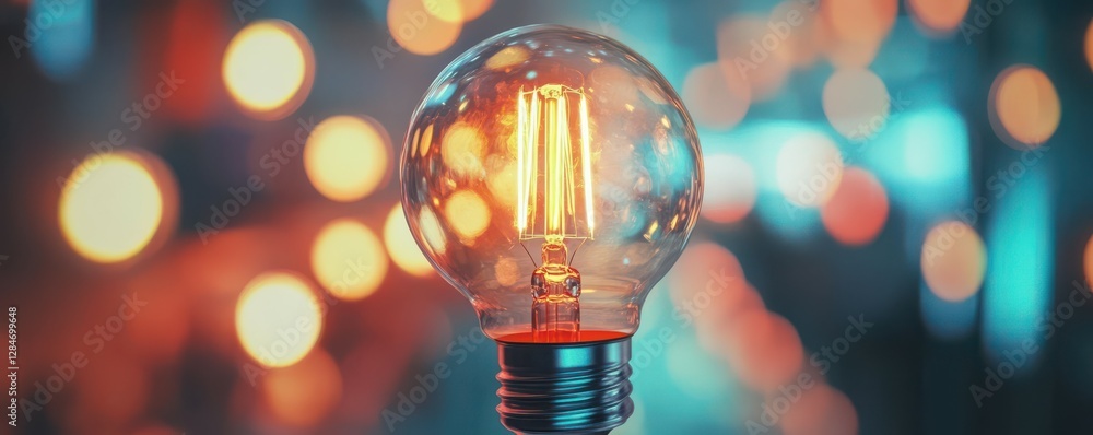 Close-up of light bulb with glowing filament and colorful bokeh background Close-up of light bulb with glowing filament and colorful bokeh background