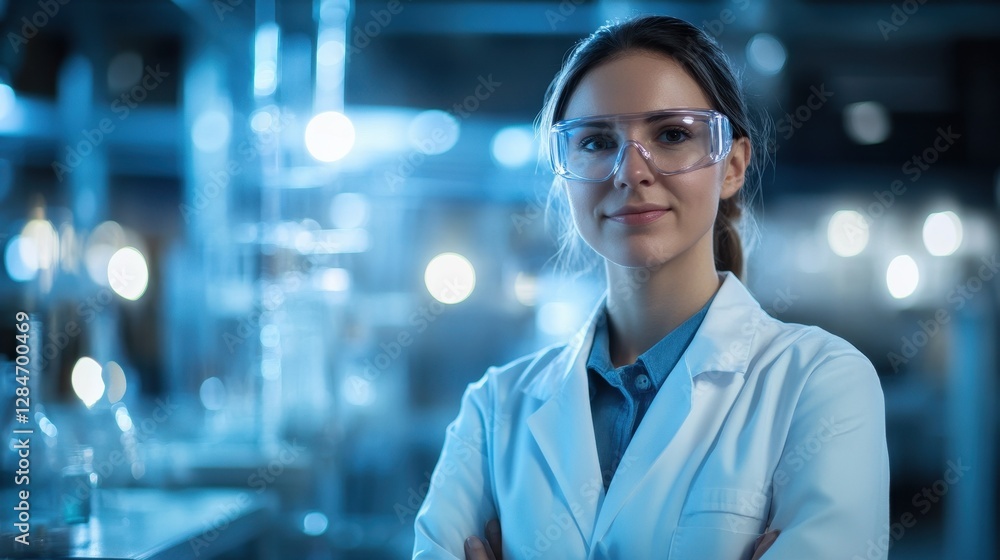 Fototapeta premium A young European female scientist stands confidently in a laboratory, wearing a lab coat and safety glasses, ready to engage in innovative research and experiments.