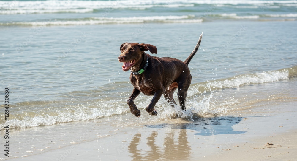 Dog Running Joyfully on Beach with Splashing Water and Happy Expression Dog Running Joyfully on Beach with Splashing Water and Happy Expression