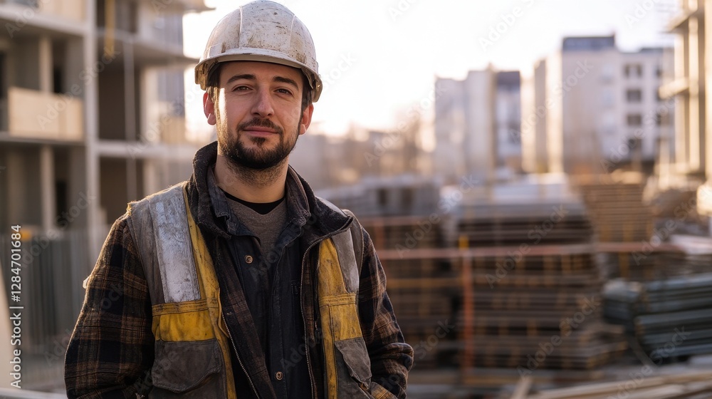 A young European male construction worker stands confidently on site, wearing a helmet and work gear. The background features construction materials and buildings. A young European male construction worker stands confidently on site, wearing a helmet and work gear. The background features construction materials and buildings.