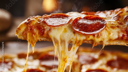 Pizza slice with melted cheese and pepperoni photo