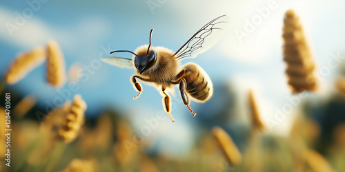 Honey bee flying and pollinating wild plants in nature