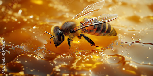Honey bee drinking golden nectar close up, insect feeding on sweet treat