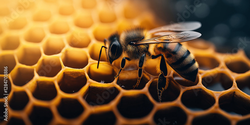 Honey bee making honeycomb and collecting nectar from flowers