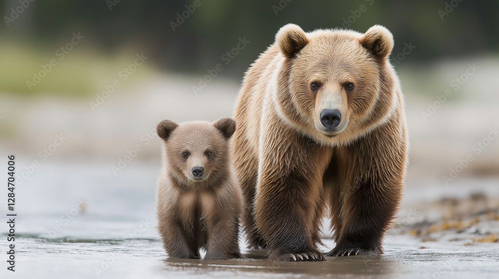 Obraz premium A proud mother grizzly bear and her playful cub wander along a tranquil riverbank early in the morning, surrounded by lush greenery and soft morning light