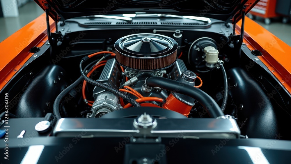 Engine bay cleaning, A pristine engine bay of a classic muscle car front view under garage lighting in hyper-realistic textures. Professional Engine bay cleaning, A pristine engine bay of a classic muscle car front view under garage lighting in hyper-realistic textures. Professional
