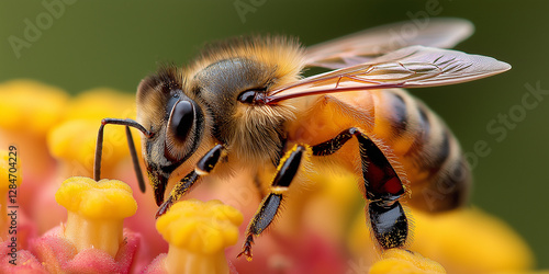 Honey bee pollinating colorful flower in nature close up