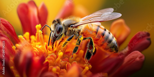 Honey bee pollinating red and orange zinnia flower in summer garden